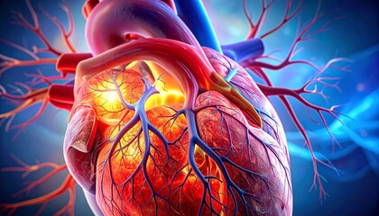 Human Heart Anatomy: A detailed, vibrant depiction of the human heart, showcasing its intricate network of vessels and chambers, illuminated with a radiant glow.