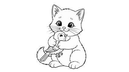 Obraz premium Cute cartoon kitten hugging a small bird illustration.