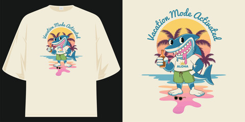 vacation mode activated a cool cartoon shark in hawaiian shirt graphic apparel beach t shirt design vector illustration artwork t shirt design vector illustration artwork
