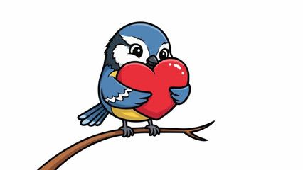 Cute cartoon blue tit bird holding a red heart on a branch. © bagong