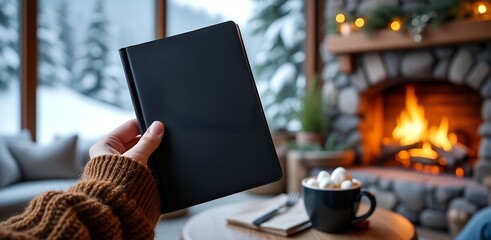 Hand in Knitted Sweater Holding Blank Black Book Mockup in Cozy Winter Lodge