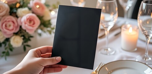 Hand Holding Blank Black Menu Mockup at Romantic Wedding Table Setting