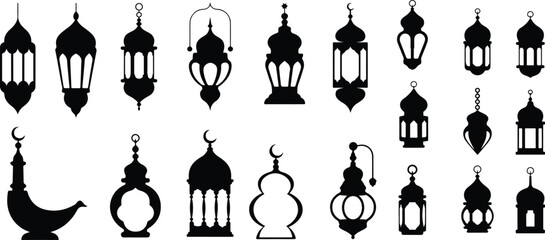 Eid mubarak arab islamic fanous lantern or ramadan lamp silhouettes. Isolated vector ornate lamps, symbol of holiday joy and celebration. They illuminate homes and streets, adding a festive ambiance
