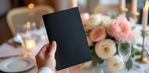Hand Holding Blank Black Menu Mockup at Elegant Wedding Reception Table