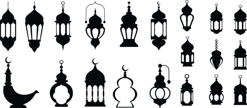Eid mubarak arab islamic fanous lantern or ramadan lamp silhouettes. Isolated vector ornate lamps, symbol of holiday joy and celebration. They illuminate homes and streets, adding a festive ambiance