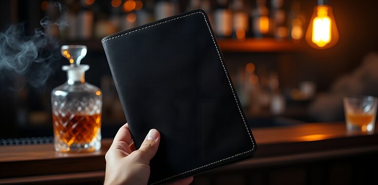 Hand Holding Black Leather Menu Mockup in Moody Luxury Whiskey Bar