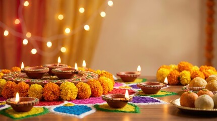 Diwali festival celebration home decorative rangoli with diyas indoor setting close-up view festive spirit and tradition illuminating the night