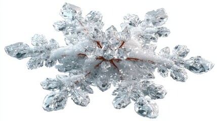 Colorful snowflake decoration made of ice-like material with glitter scattered on top in a bright setting during winter months