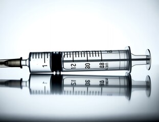 Sterile hypodermic syringe reflected on a glossy surface ready for injection