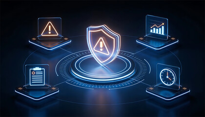 3d digital cybersecurity interface showing glowing orange warning shield icon on dark background with data chart clock and checklist symbols for system alert and network protection