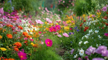 Obraz premium Medium shot focusing on colorful blooming flowers in a selfsustaining garden that promotes biodiversity with minimal care and sustainable watering techniques.