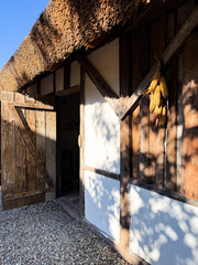 Traditional ukrainian house with thatched roof and drying corn cobs