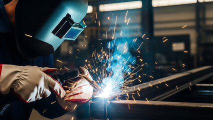 Skilled Worker in Industrial Workshop, Metal Fabrication, Modern Environment, Close-Up Action
