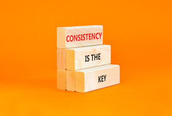 Consistency is the key symbol. Concept words Consistency is the key on beautiful wooden blocks. Beautiful orange background. Business consistency is the key concept. Copy space.