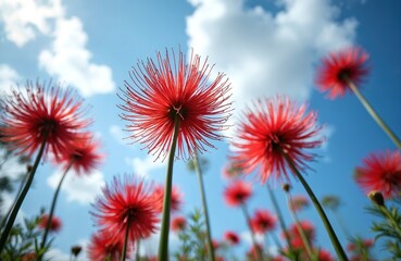 Red spider lilies bloom under a bright blue sky with white clouds. Delicate petals unfurl on tall green stems. This stunning natural scene offers beauty and serenity in autumn.
