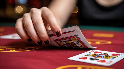 Woman's hand holding playing cards on red felt table in casino