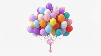 A large bunch of vibrant multicolored party balloons floating together on a white background.
