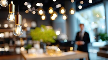 Obraz premium Elegant Interior Space with Modern Lighting Fixtures and Blurred Background in Contemporary Retail Environment