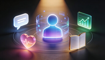 3d digital illustration of a neon blue human profile icon surrounded by glowing symbols for healthcare heart education book communication and growth analytics on a dark background