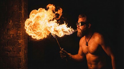 Bare chested male fire breather performing a dangerous stunt at night.