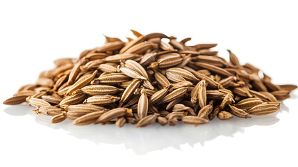 Heap of aromatic cumin seeds on a white background, essential culinary spice ingredient