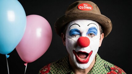 Cheerful winking clown in a hat holding colorful party balloons.