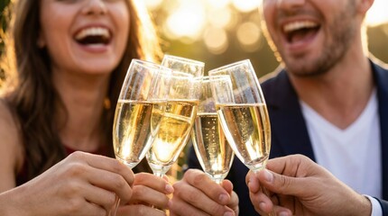 Cheerful friends laughing and toasting with glasses of champagne at an outdoor celebration.