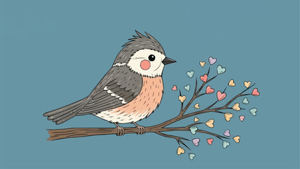 Cute cartoon bird sitting on a branch with heart shaped leaves. © raka