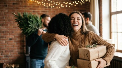 Cheerful woman laughing and hugging a friend while holding Christmas presents at a home party.