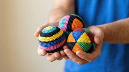 Close up of a persons hands holding three colorful handmade juggling balls.