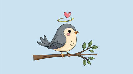 Cute cartoon bird with heart and halo sitting on a branch. © raka