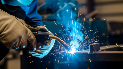 Welding Action, Metalwork, Industrial Workshop, Photography, Sparks, Close-Up, Skilled Craftsmanship