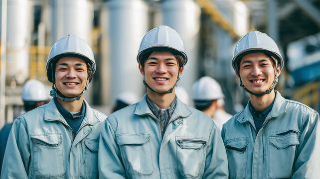 現場の外で微笑む男性作業員、親しみやすい表情の写真