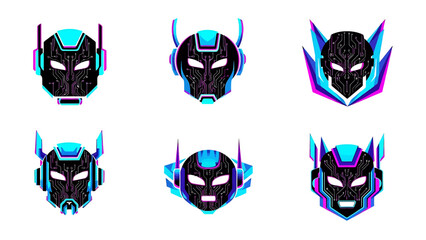 Futuristic digital warrior mask icons in cyberpunk vector style, featuring vibrant neon glitched patterns for modern design and gaming avatars