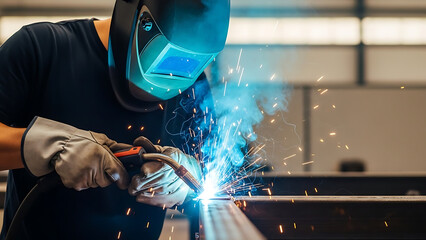 Welding Action, Metal Fabrication, Industrial Workshop, Photography, Bright Environment, Close-Up View, Skilled Craftsmanship