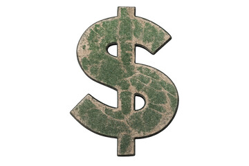 Dollar sign with weathered texture reflecting economic decline or financial crisis, isolated on transparent background