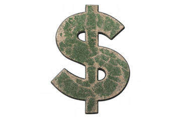 Dollar sign with weathered texture reflecting economic decline or financial crisis, isolated on transparent background
