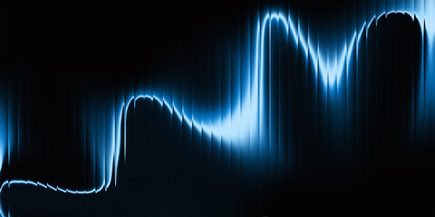 Glossy minimalist fluid 3D render with electric white&ndash;light blue gradient waves on a black background. Iridescent glass glow, vertical light streaks, soft motion blur, and a futuristic metallic energy