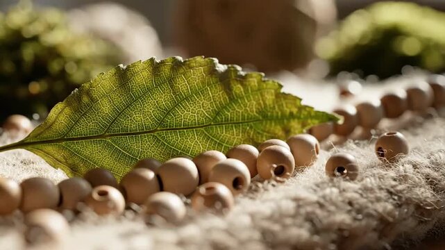 Natural Harmony Conceptual Still Life Featuring Wooden Beads and Green Leaf Arrangement