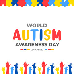 World Autism Awareness Day Poster with Colorful Puzzle and Raised Hands Vector