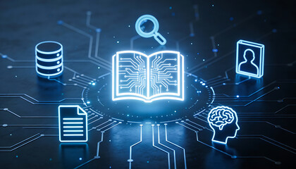 3d futuristic digital illustration of glowing blue open book with circuit patterns representing artificial intelligence education machine learning data library and smart study