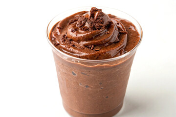 Creamy chocolate smoothie with glossy finish in clear cup