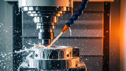 Precision Machining Action, CNC Machine, Workshop Setting, Industrial Photography, Dynamic Environment, Close-up View, Engineering Concept