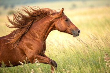 Running chestnut horse captured in close up motion with dust