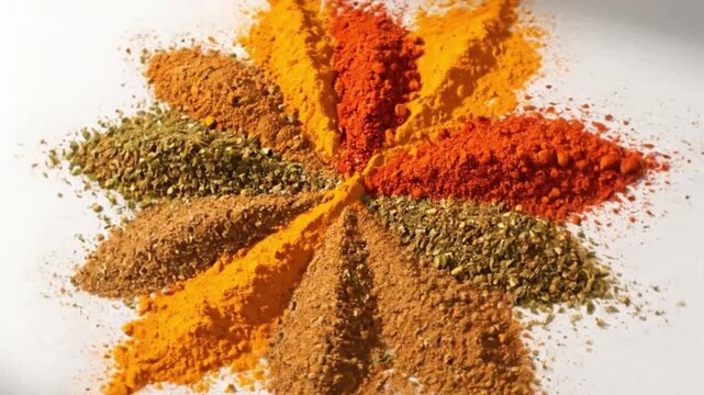 Vibrant array of colorful spices arranged in a radial pattern, showcasing culinary ingredients for cooking and flavoring