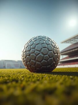 A solitary, dimpled spheroid rests on the playing field, hinting at future impact ,  sport base,  field