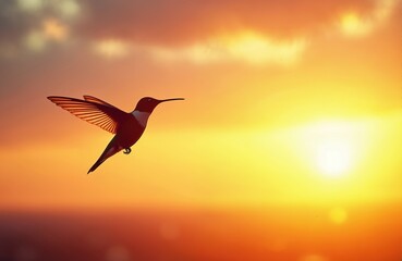 Obraz premium Hummingbird flies against vibrant sunset sky with clouds. Tiny bird, ruby throated, wings spread, hovers in colorful orange yellow light. Nature, wildlife scene during dusk.