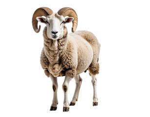 Fototapeta premium Ram with thick woolly fleece and curved horns standing on white