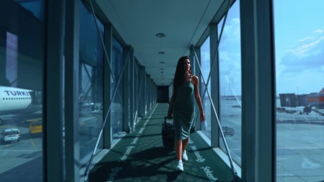 A woman walks confidently through an airport jet bridge while pulling her suitcase. Real-life travel moment showing boarding process, air travel, movement, and modern transportation lifestyle.