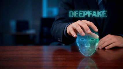 Deepfake AI Technology Concept with Wireframe Head and Human Hand